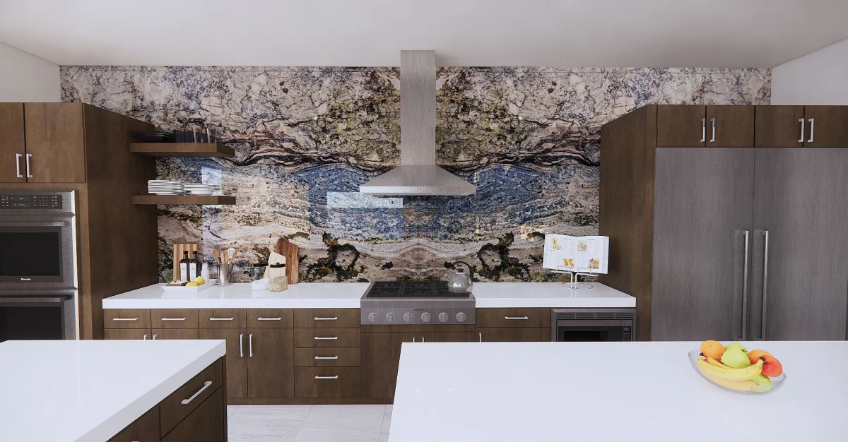 Bookmatch kitchen slab 3D rendering design