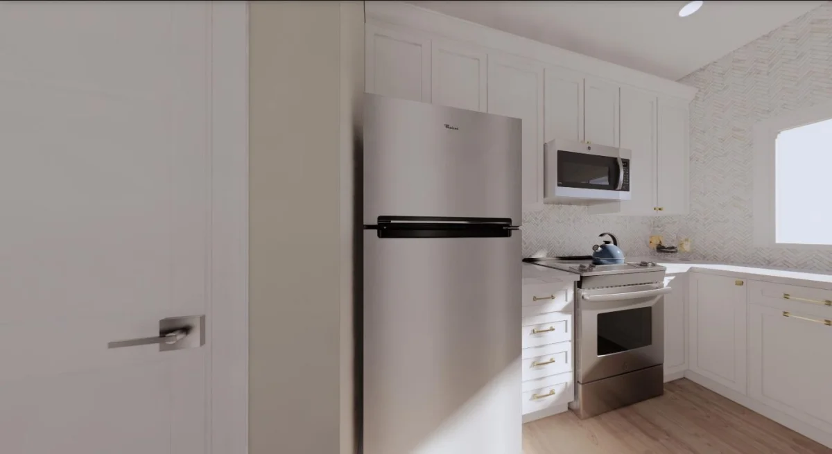 Casita kitchen 3D rendering, view 2