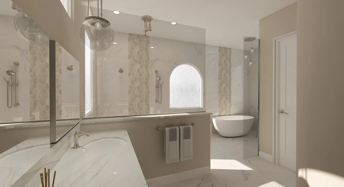 Contemporary bathroom 3D rendering, view 3