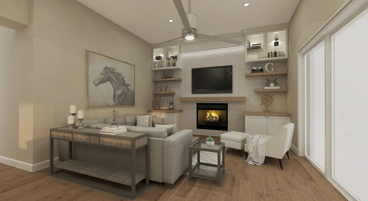 Contemporary family room 3D rendering, view 2