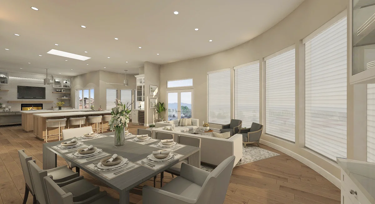 Contemporary great room 3D rendering, view 2