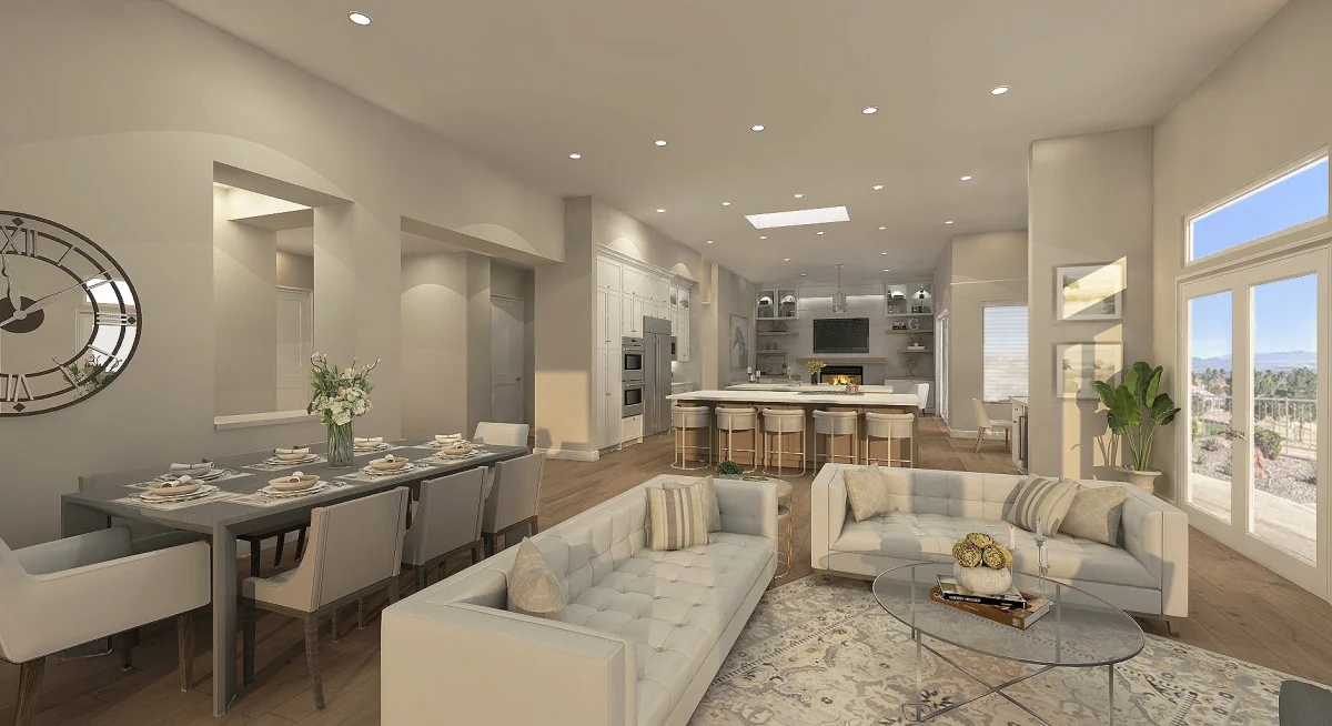 Contemporary great room 3D rendering, view 3