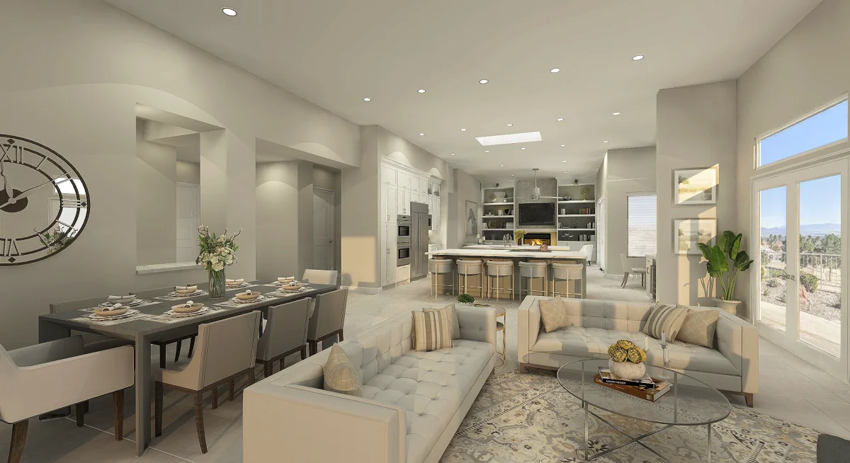 Contemporary great room 3D rendering, view 4