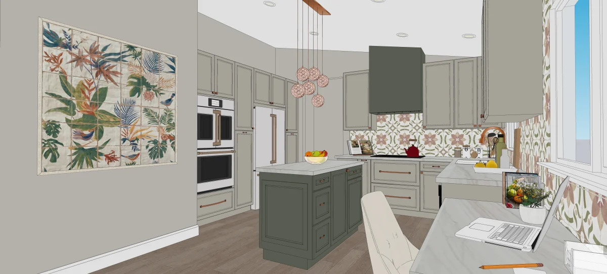 Green kitchen cabinet 3D rendering, Las Vegas interior design