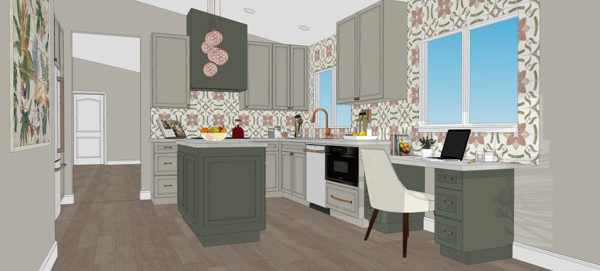 Green kitchen cabinet 3D rendering, view 2