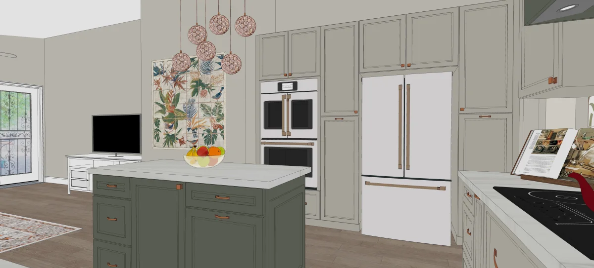 Green kitchen cabinet 3D rendering, view 3