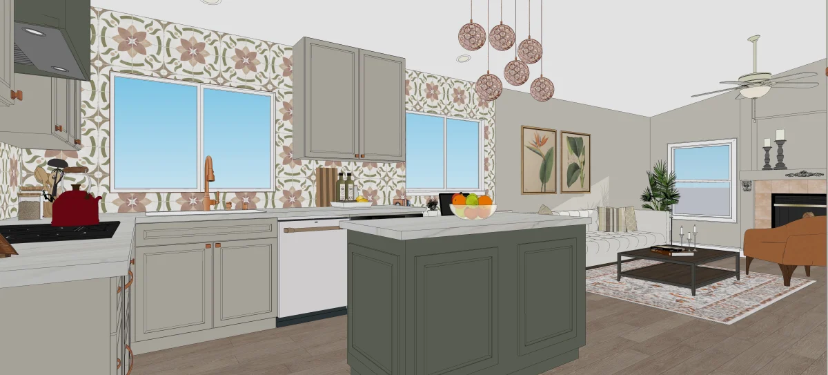 Green kitchen cabinet 3D rendering, view 4