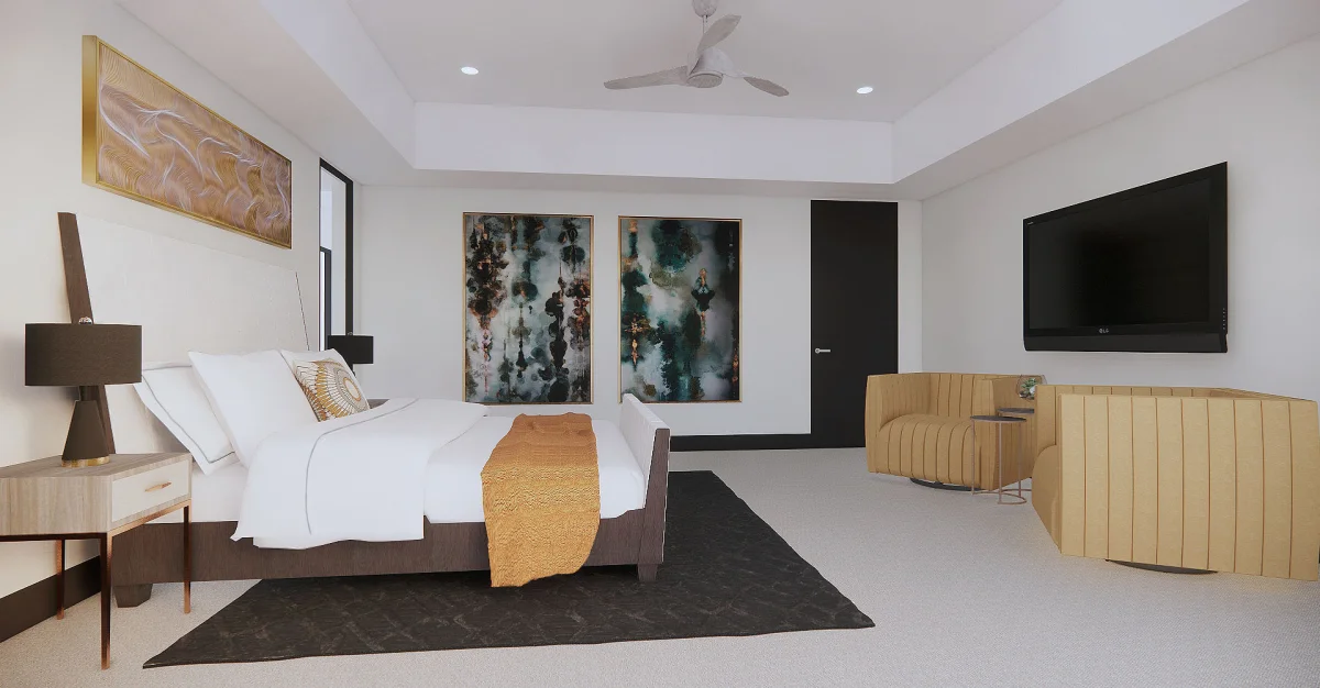 Modern bedroom 3D rendering, view 2