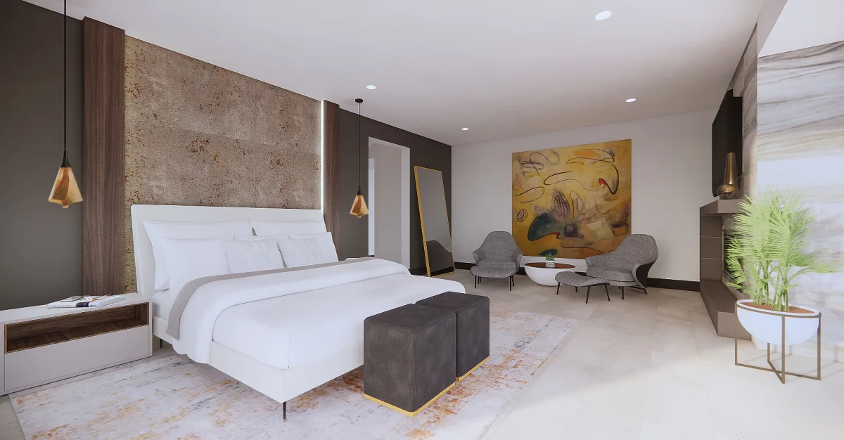 Modern bedroom 3D rendering, view 4