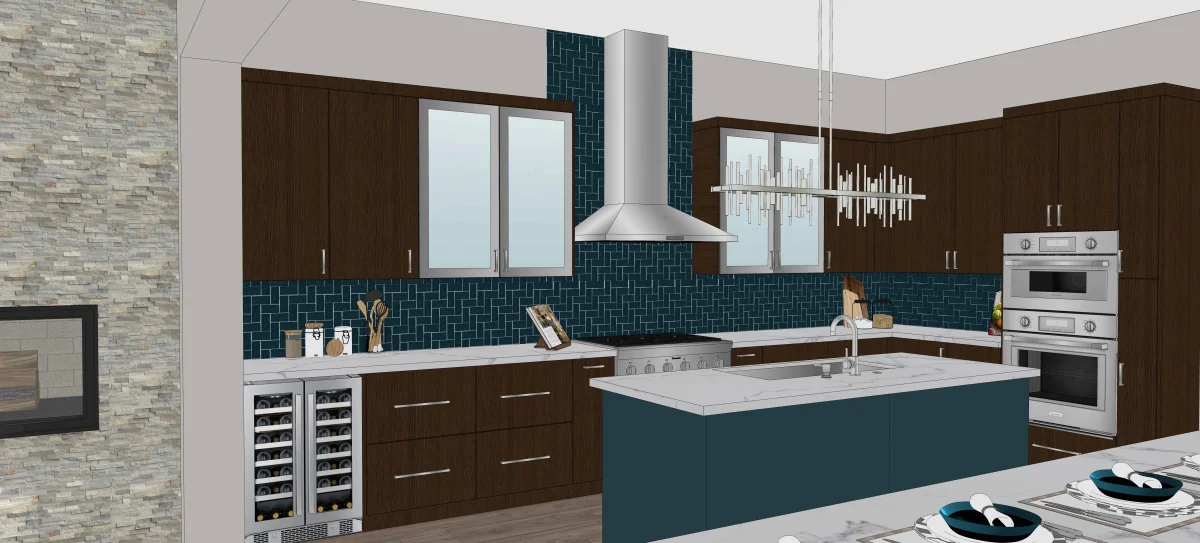 Modern blue kitchen 3D rendering design