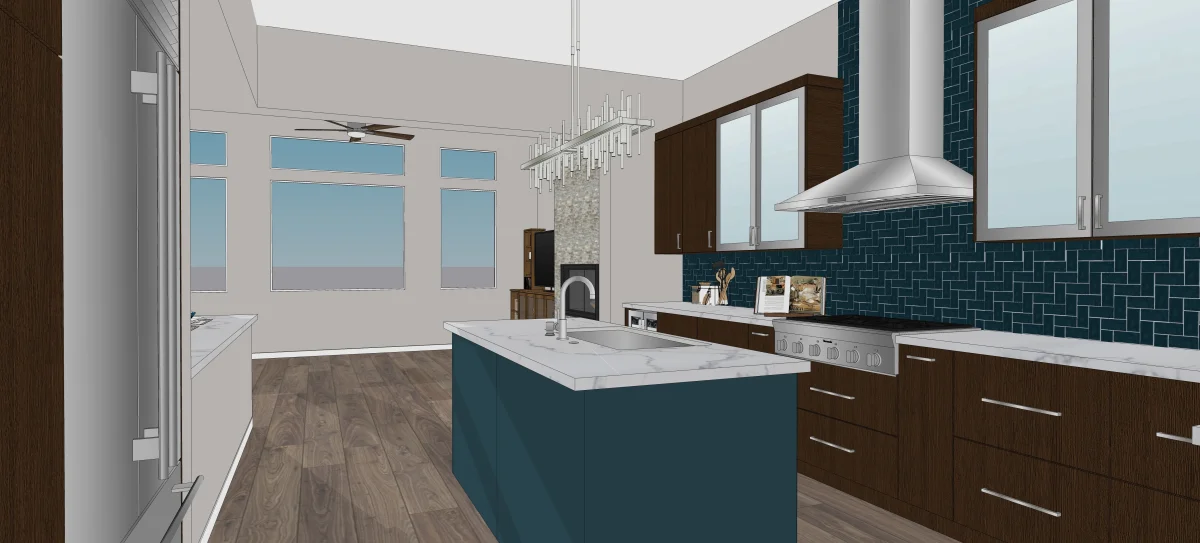 Modern blue kitchen 3D rendering, view 2