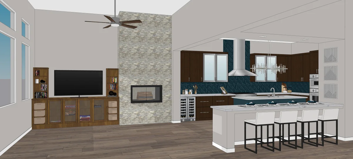 Modern blue kitchen 3D rendering, view 3