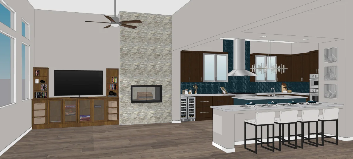 Modern blue kitchen 3D rendering, view 4
