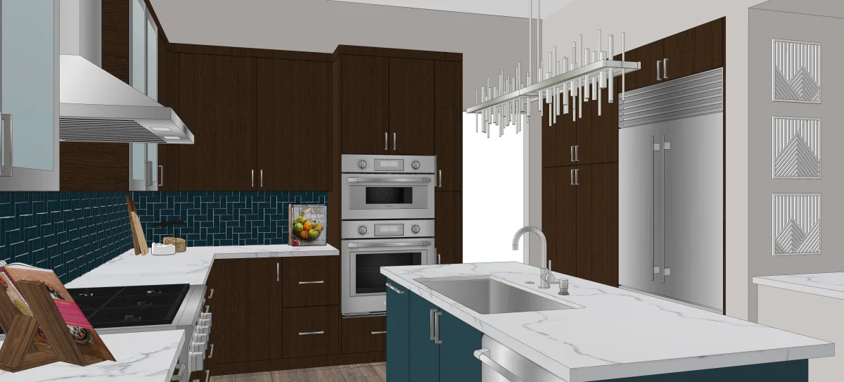 Modern blue kitchen 3D rendering, view 5