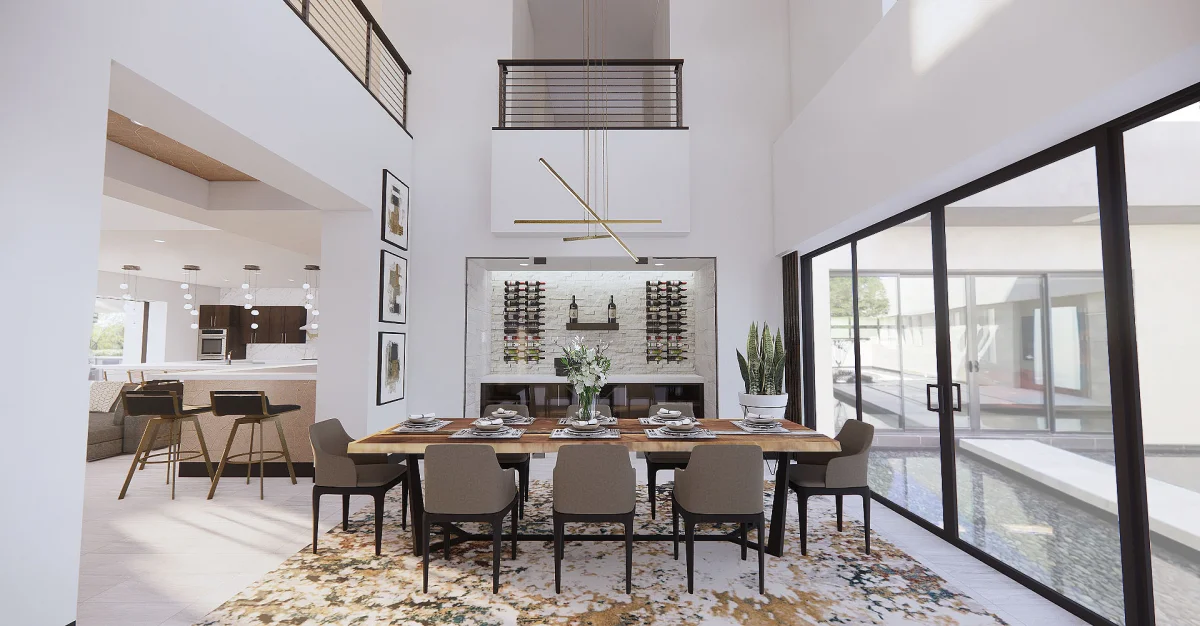 Modern dining room with wine storage 3D rendering