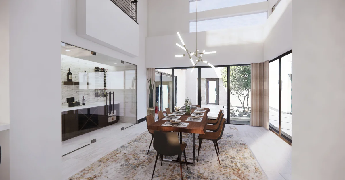 Modern dining room 3D rendering, view 2