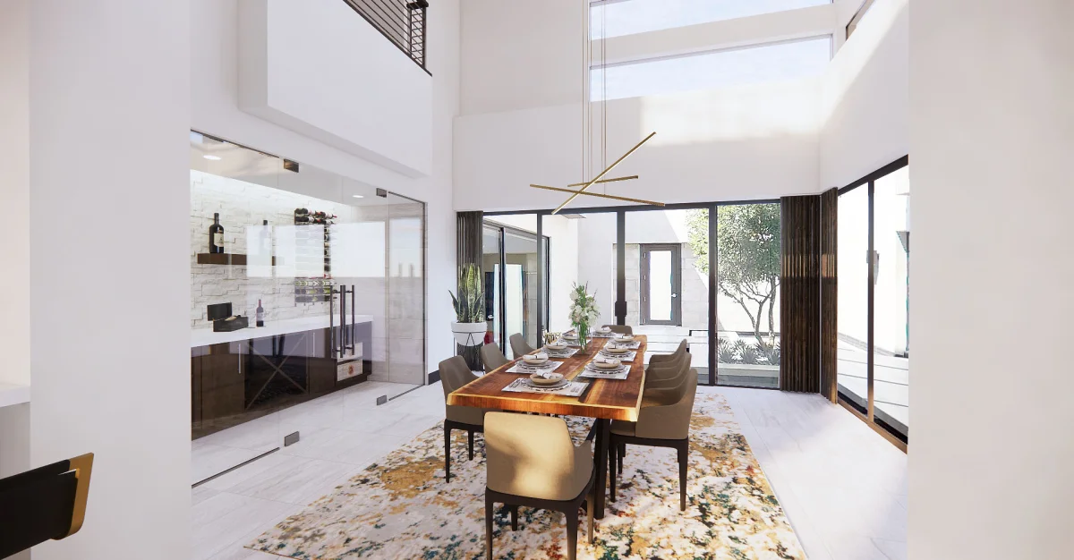 Modern dining room 3D rendering, view 3