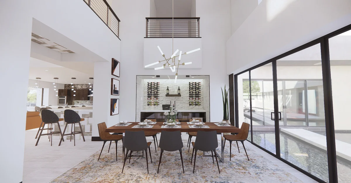 Modern dining room 3D rendering, view 4