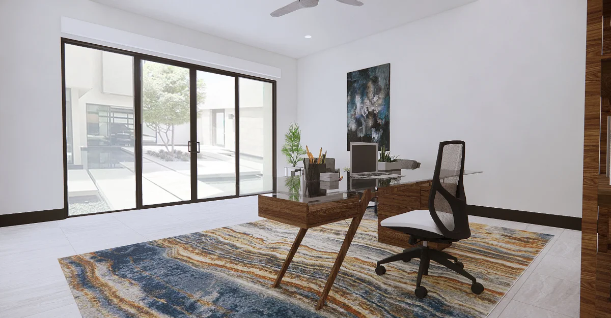 Modern home office 3D rendering, view 3