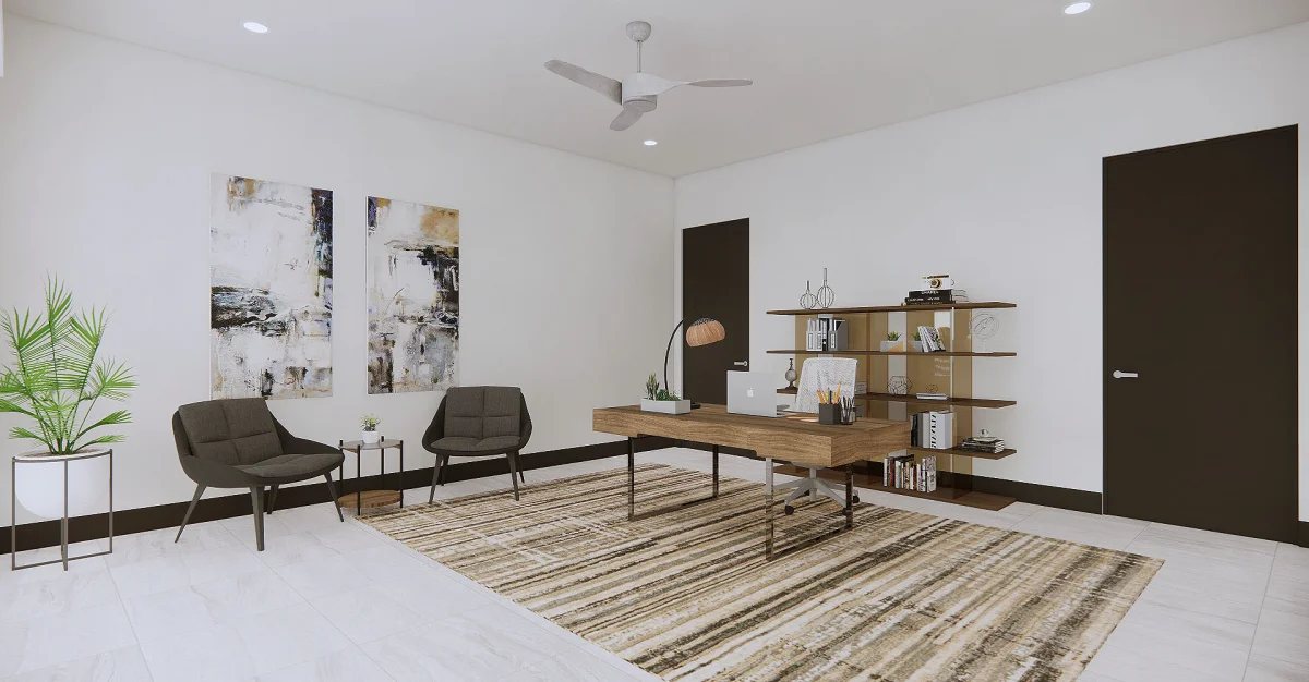Modern home office 3D rendering, view 4