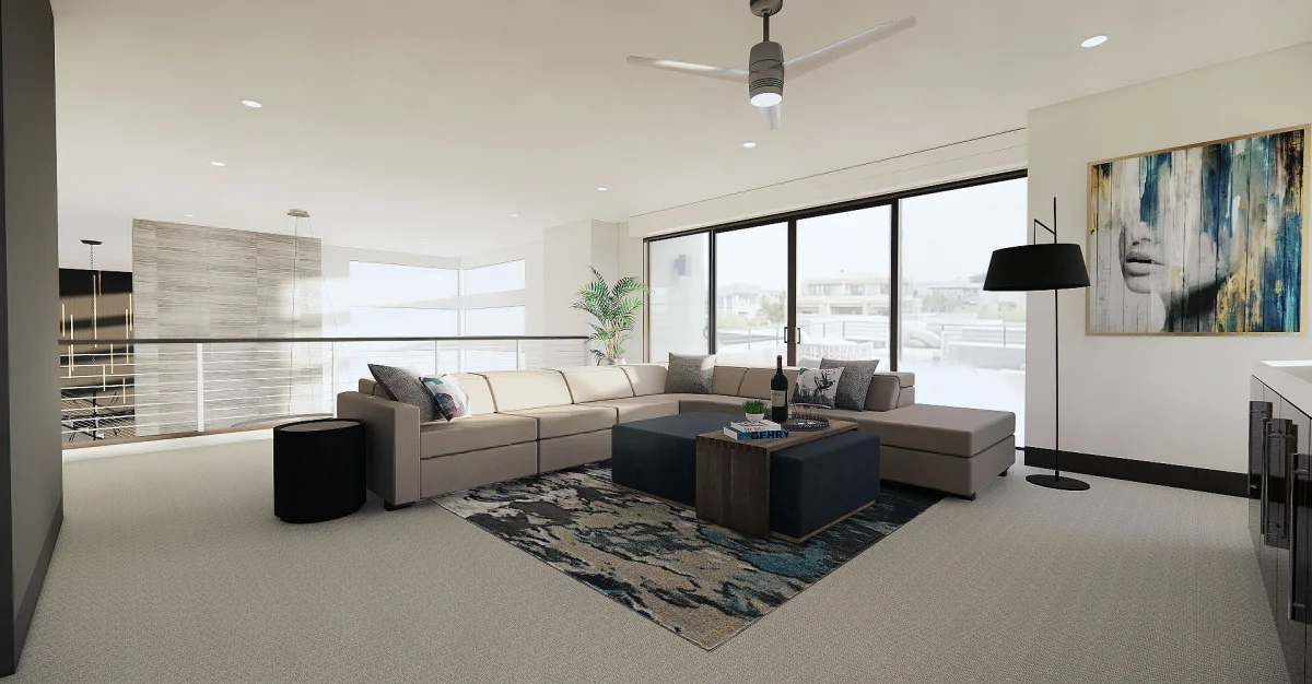 Modern loft seating 3D rendering, view 3