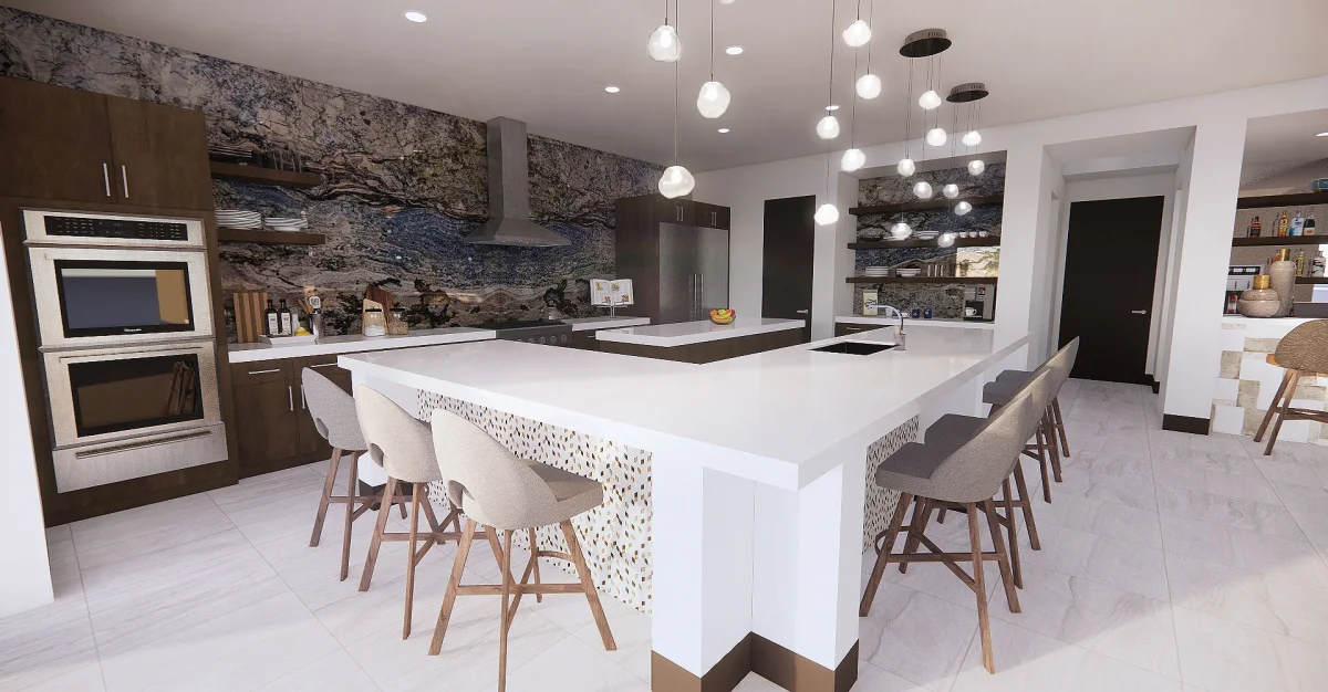 Modern slab backsplash kitchen 3D rendering