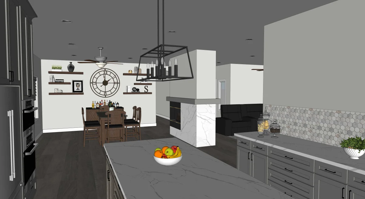 Transitional kitchen 3D rendering, view 3