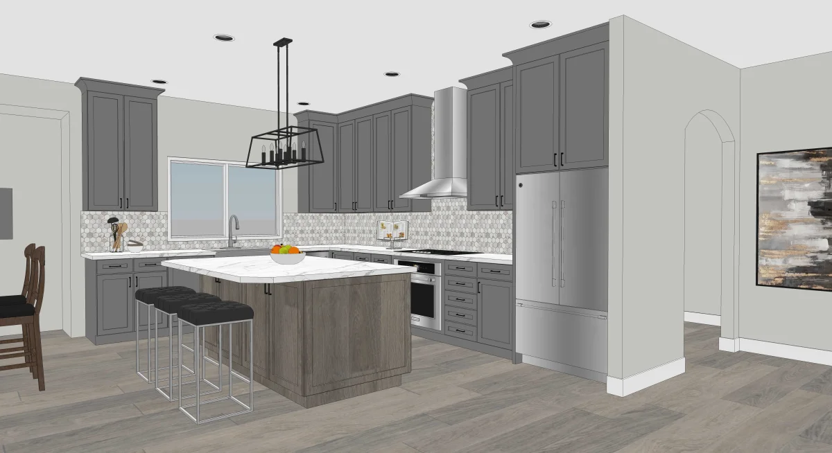 Transitional kitchen 3D rendering, view 5