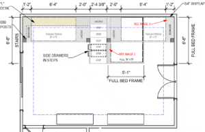 Stylish bedroom layout with full bed, storage drawers, and organized shelving solutions.