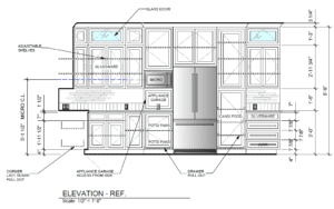 Stylish kitchen elevation plan showcasing organized storage, modern appliances, and natural light design.