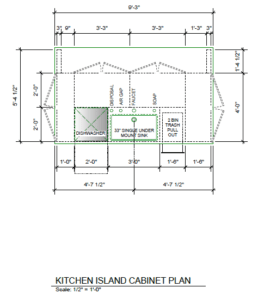 Detailed kitchen island design plan featuring sink, dishwasher, and efficient storage solutions.
