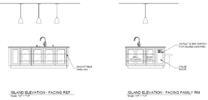 Modern kitchen island design elevations featuring storage, sink, and social interaction elements.