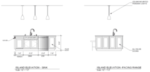 Stylish kitchen island design featuring sink, glass cabinets, and modern pendant lighting.