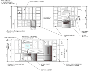 Modern kitchen layout design with organized storage and optimal appliance placement for functionality.