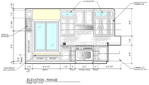 Elegant kitchen elevation featuring central range, ample storage, natural light, and modern design.