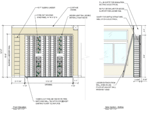 Technical drawing of a vertical storage unit with shelves, ladder, and electrical features.