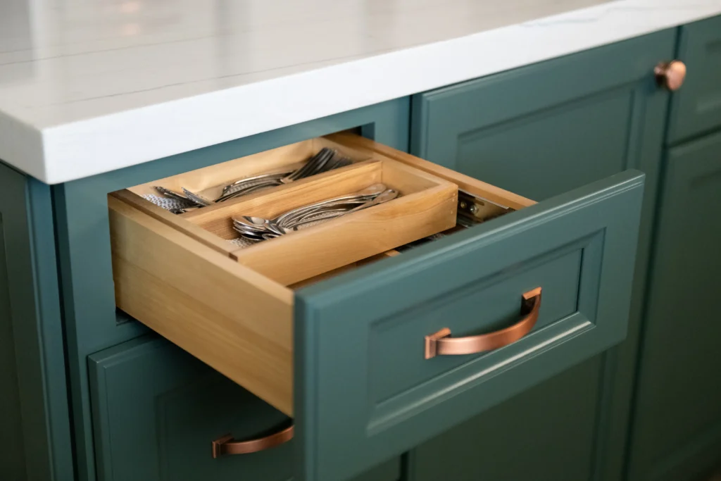 Stylish kitchen drawer organizer with rich green cabinetry and polished copper handles.