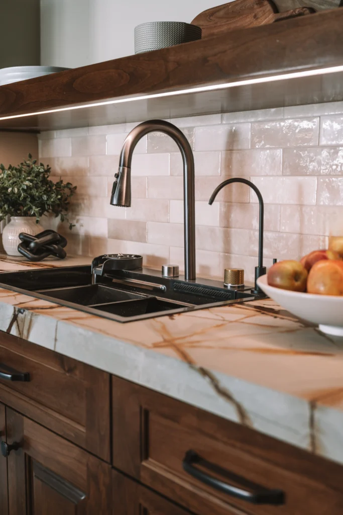 Elegant modern kitchen with stainless steel sink, marble countertops, and warm wood cabinetry accents.