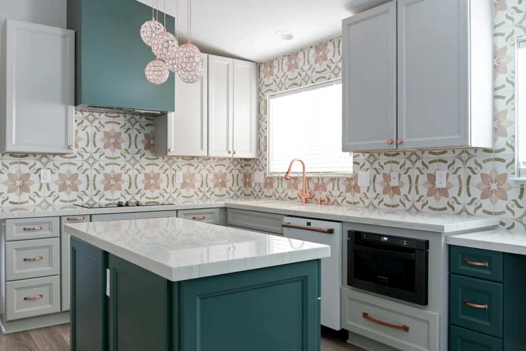 Stylish modern teal and white kitchen with elegant details and inviting central island.