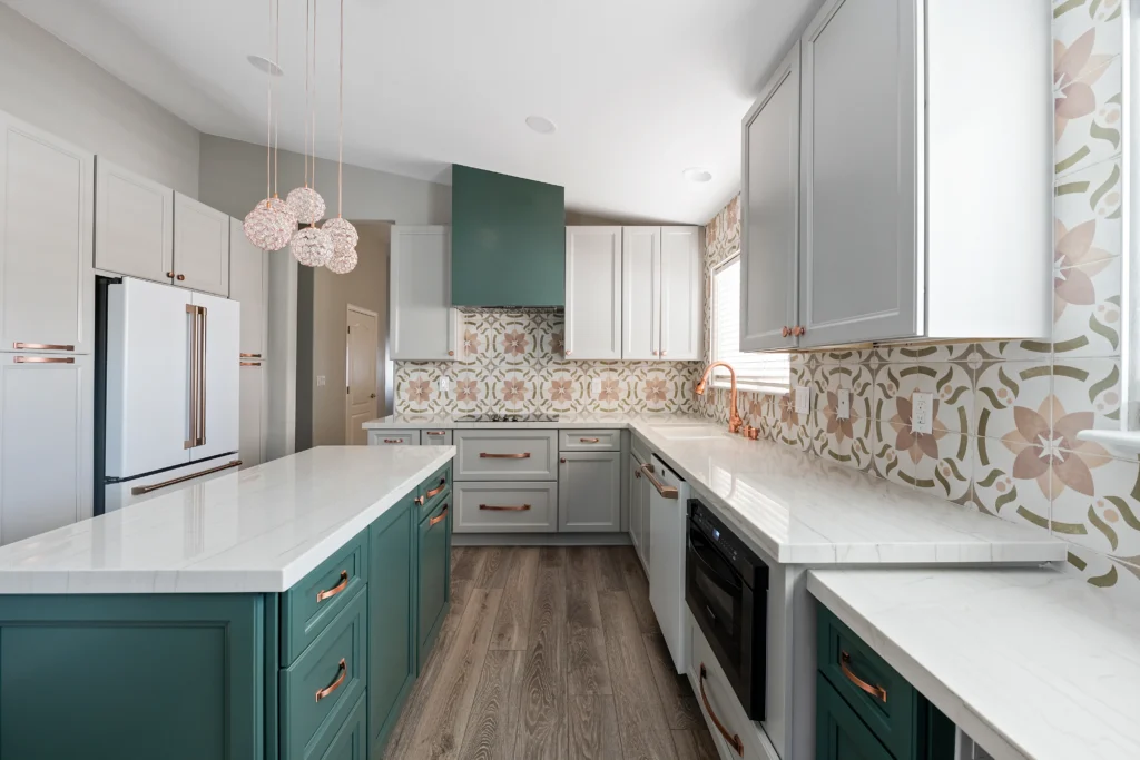 Stylish modern kitchen with two-tone cabinetry, elegant details, and bright, inviting ambiance.