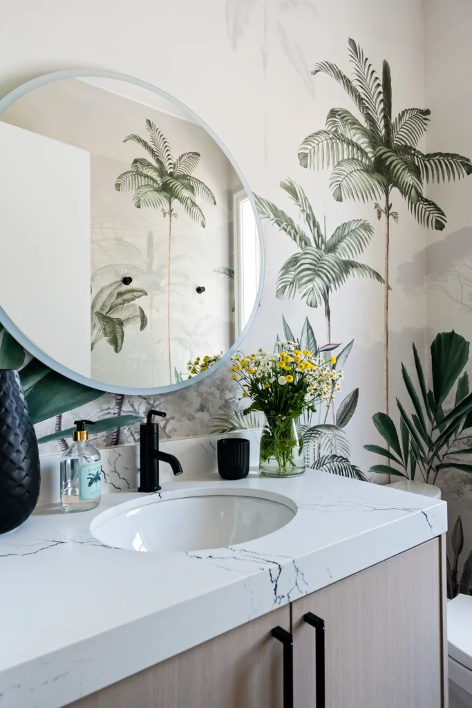 Contemporary Lilo bathroom design with floral accents, elegant finishes, and serene greenery.