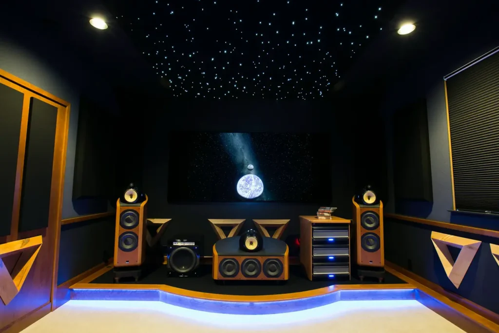 Sophisticated sound studio in Las Vegas with elegant decor, high-fidelity audio setup, and starry ceiling.