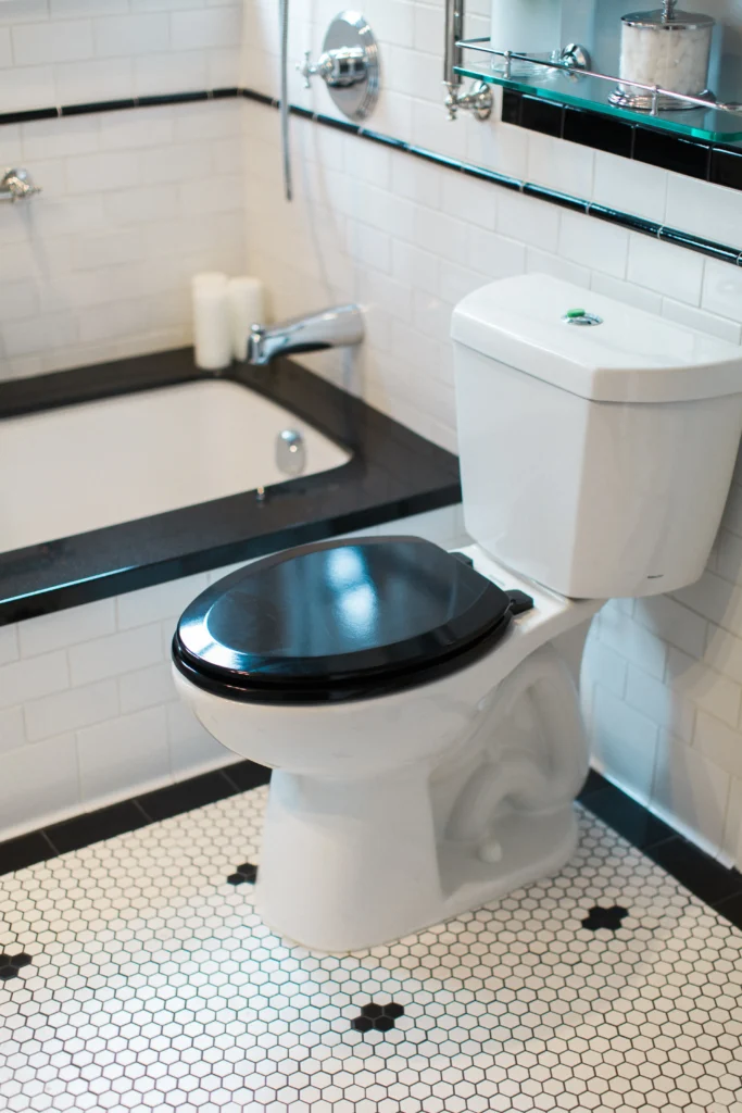 Elegant black and white bathroom with sleek fixtures and stylish hexagonal tiles.