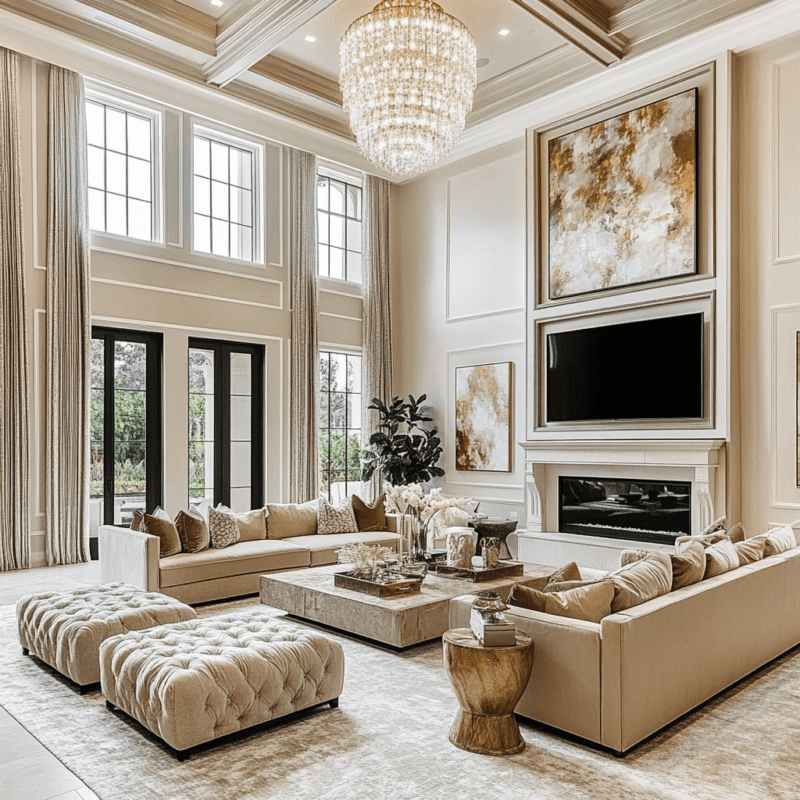 Elegant living room with plush seating, neutral tones, and sophisticated decor for modern comfort.