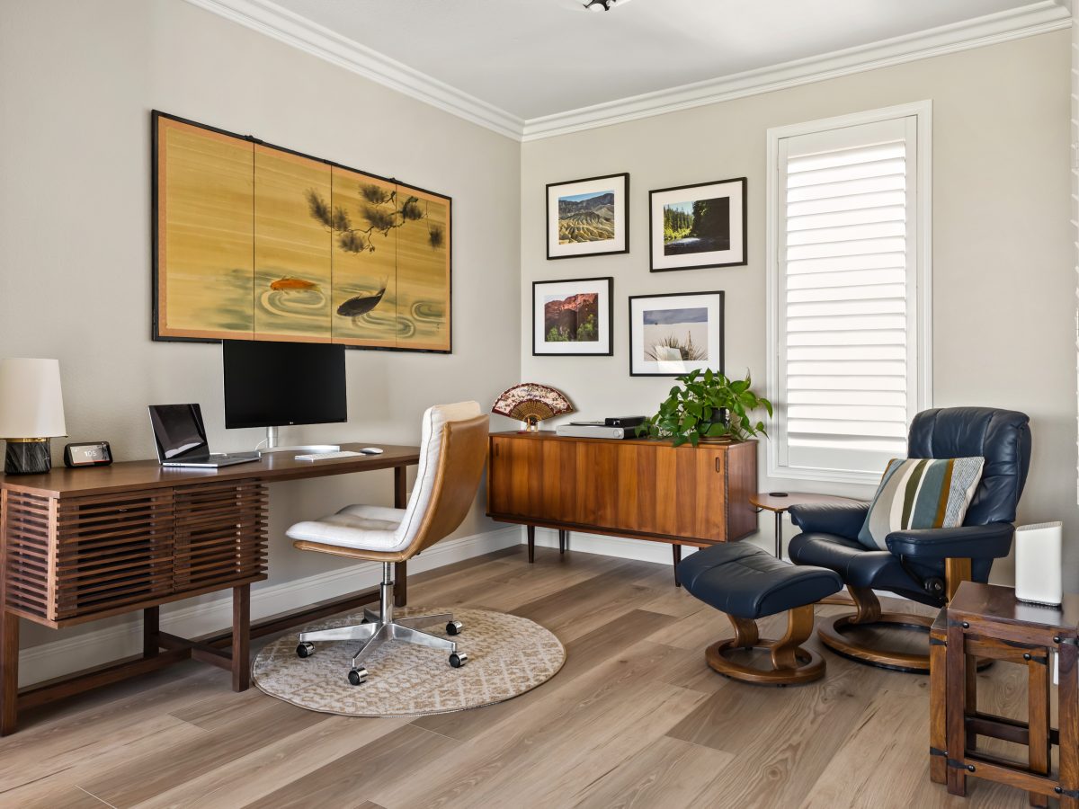 Mid-century modern home office with Japanese-inspired wall art and walnut storage desk, Reveal Interior Design Las Vegas