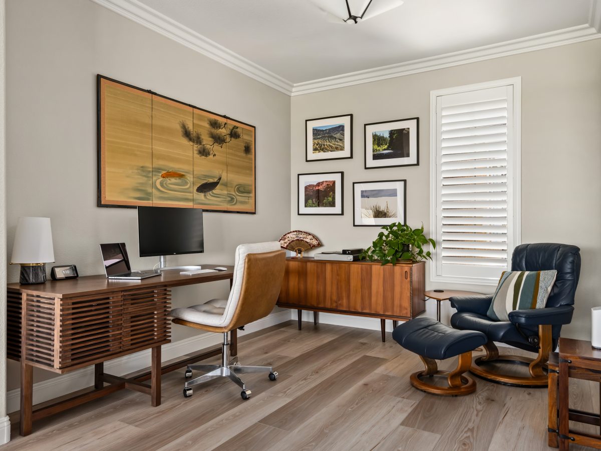 Mid-century modern home office with Japanese-inspired wall art and wood storage desk, Reveal Interior Design Las Vegas