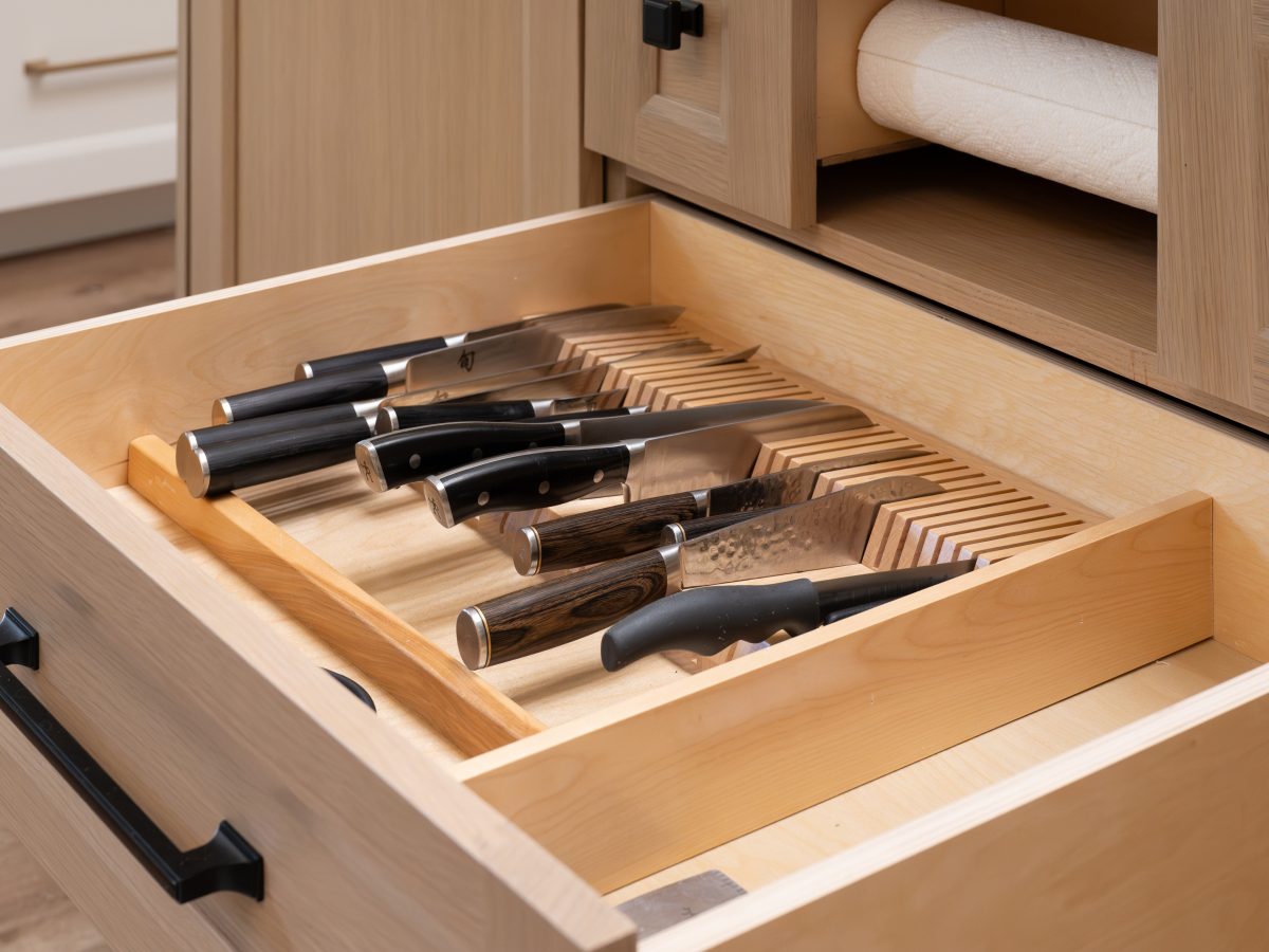 Kitchen drawer knife block organizer with custom wood insert and premium knives, Reveal Interior Design Las Vegas