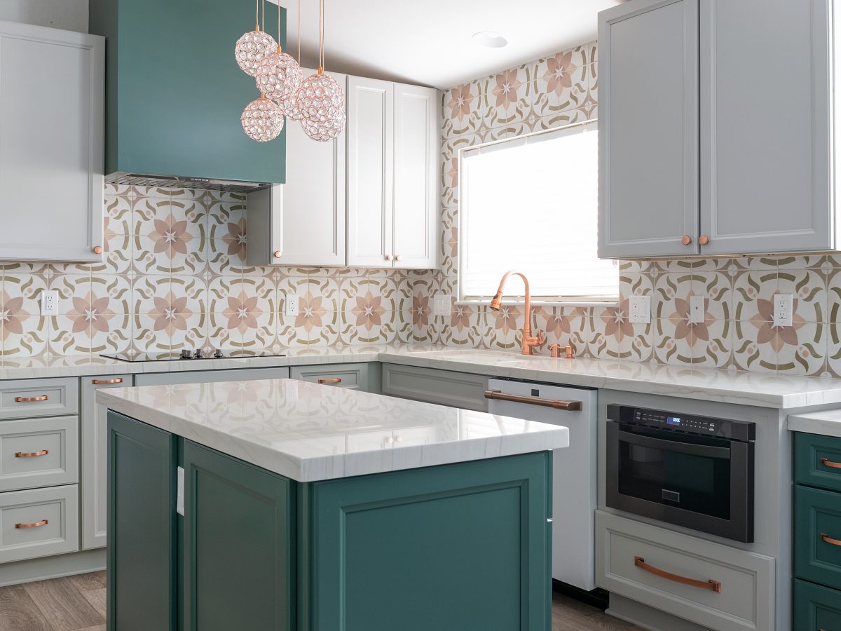 Emerald green island and encaustic ceramic tile backsplash kitchen with copper fixtures, Reveal Interior Design Las Vegas