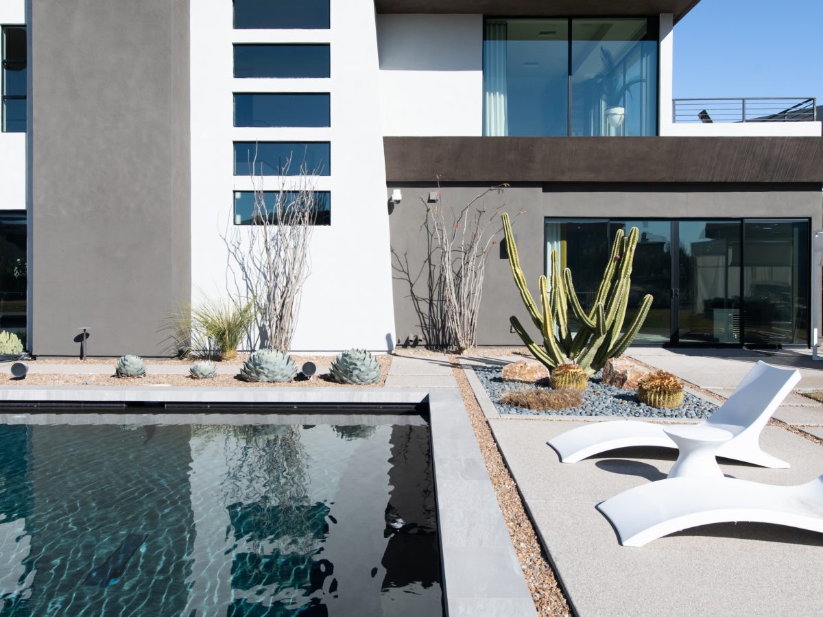 Desert Modern pool courtyard with xeriscaped landscape and lounge seating, Reveal Interior Design Las Vegas