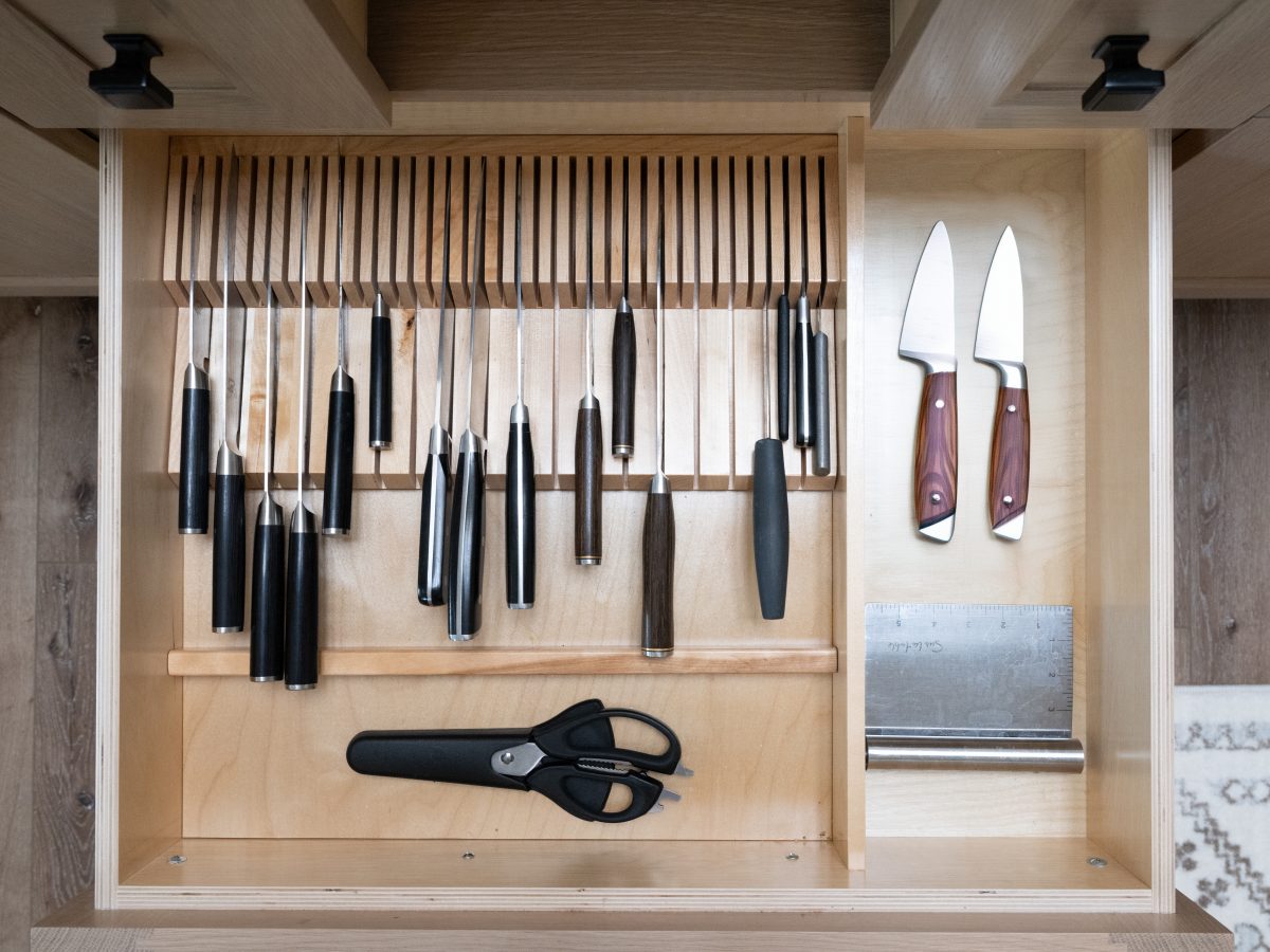 Kitchen drawer knife organizer with custom wood insert and magnetic storage, Reveal Interior Design Las Vegas
